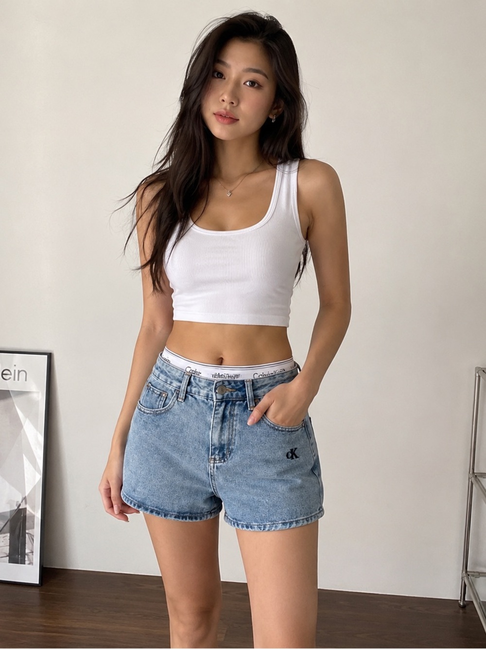 Calvin Klein Blue Denim High-Waist Shorts with Elastic Logo Waistband